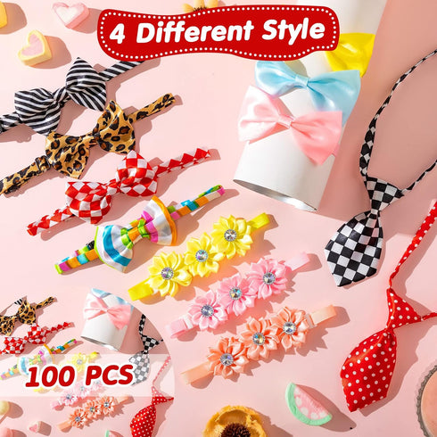 100 Pcs Adjustable Dog Ties Set with 50 Bow Ties, 25 Neckties, 25 Flower Ties for Medium Large Dog Grooming