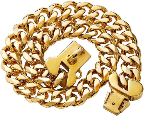 15mm Wide Strong Stainless Steel Bone Style Buckle Gold Dog Chain Collar - 18K Gold Plated Cuban Link for Medium Large