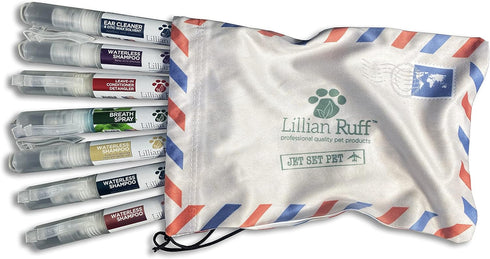 Lillian Ruff Travel Kit for Dogs, Deodorizing Waterless Dog Shampoo x4, Dog Breath Freshener, Detangler Spray, Ear