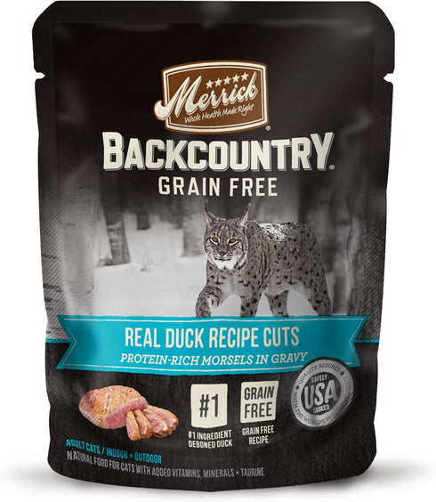 Merrick Backcountry Grain Free Premium Wet Cat Food, Duck Recipe Cuts with Gravy, 3 oz. Pouches (Pack of 24)