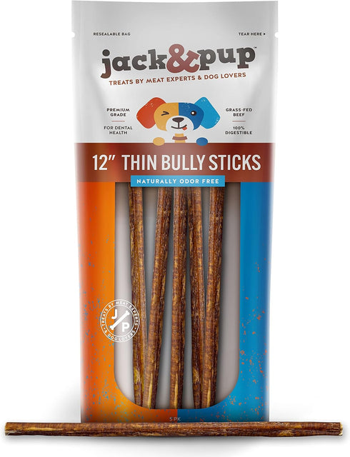 Jack&Pup Thin Dog Bully Sticks, Odor Free, 12-Inch Thin Bully Stick, 5 Pack