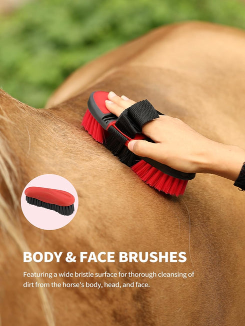 9-Piece Set Harrison Howard Horse Grooming Kit, with Non-Slip Silicone Grip for Bathing, Shedding & Hoof Care Red