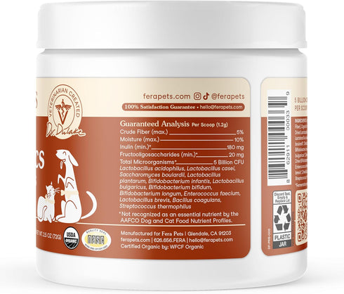 Fera Pets Probiotics for Dogs & Cats, USDA Organic Gut Health Powder Supplement with 12 Strains, 60 Scoops