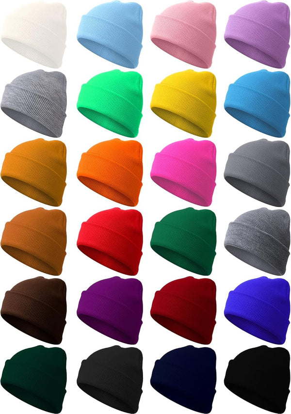 Foaincore 24 Pcs Roll Up Edge Skullcap Beanie, Women's Men's Warm Winter Hats, Lightweight Acrylic Knit Cuff Beanie