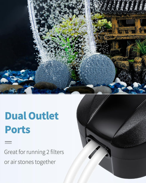Uniclife Dual Outlet Aquarium Air Pump, Fish Tank Aerator for 5-200 Gallon Tanks with Accessories