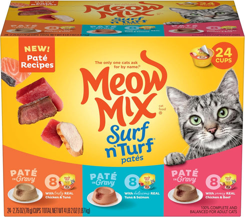 Meow Mix Paté in Gravy Wet Cat Food Variety Pack, Surf n’ Turf Patés, 2.75 Ounce (Pack of 24)