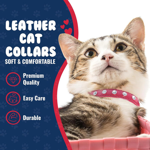 Angel Athens Red Rhinestone Leather Cat Collar, 12" x 1/2", Elastic Break-Away Safety