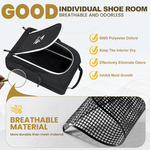 Golkcurx Black Golf Shoe Bag for Travel, Zippered Sport Shoe Carrier with Side Accessory Pockets