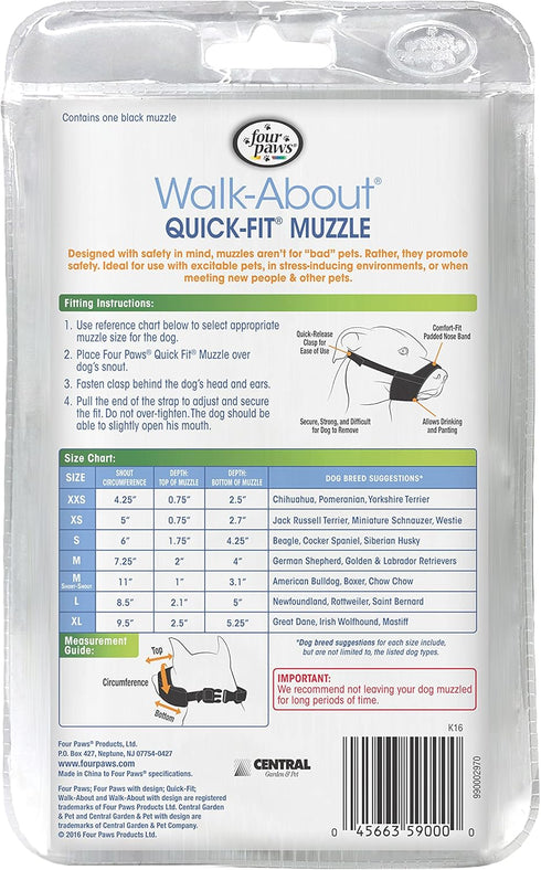 Walk-About Quick-Fit Short Snout Adjustable Dog Muzzle Four Paws for Medium Dogs, Washable & Breathable, Black, 1 Count