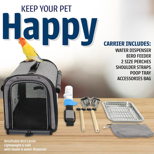 Bird Travel Carrier, Portable Cage for Small Pets, Airlines Approved for Parakeets, Lovebirds, Grey