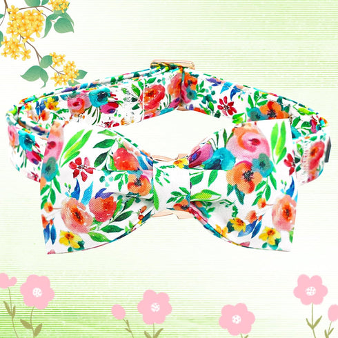 Soft Cute Dog Collar with Bow Tie, Flowers Print Adjustable Pet Collar with Metal Buckle, Gift Collar for Medium Dogs