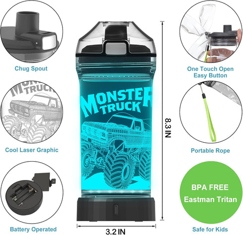 Lightzz Kids Water Bottle, 3D Glowing Monster Truck LED Light, 14 OZ Tritan BPA Free Travel Cup for Kids