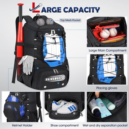 RAINSMORE Baseball Bag - Lightweight Waterproof Backpack for Youth & Adult with Shoe Compartment