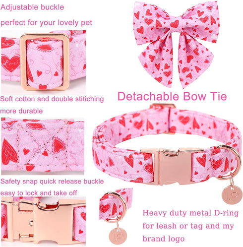 Valentine’s Day Dog Collar with Bow Tie, Pink Heart Bowtie Collar with Metal Buckle, Valentine’s Day Gift Pet Collar for Puppy Girl Boy Dog or Cat, Wedding Dog Collar, S, Neck 10-16in