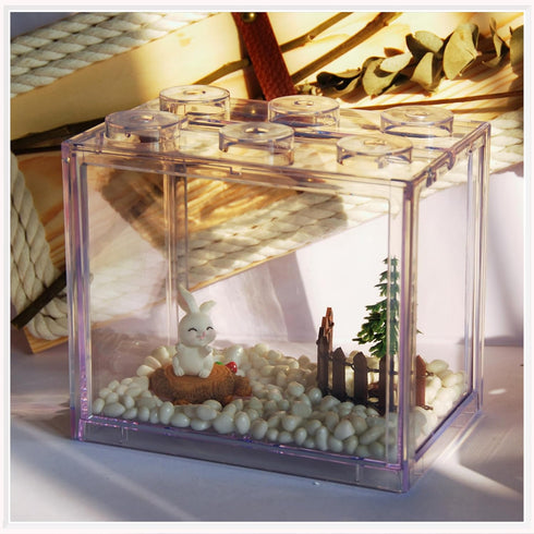 Small Betta Fish Tank, Stackable Mini Aquarium Kit with Gravel & Forest Micro Landscape, 0.6 Gallon Acrylic Cube Bowl