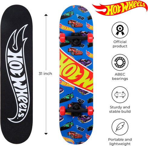 Hot Wheels 31 Inch Skateboard, 9-Ply Maple Desk Skate Board for Cruising, Carving, Tricks, and Downhill