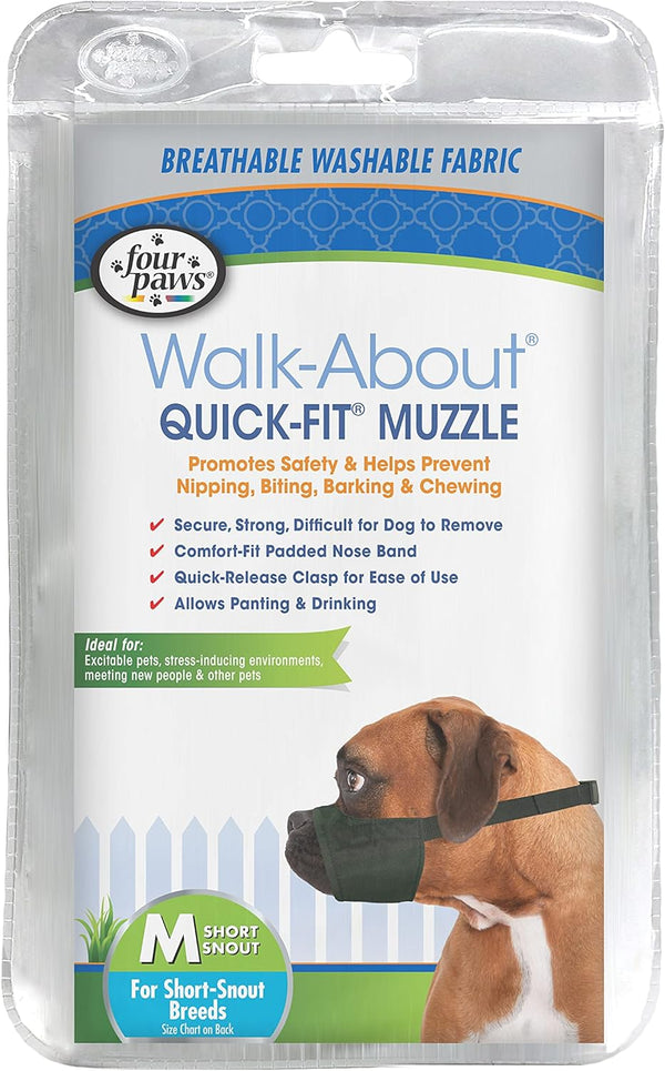 Walk-About Quick-Fit Short Snout Adjustable Dog Muzzle Four Paws for Medium Dogs, Washable & Breathable, Black, 1 Count