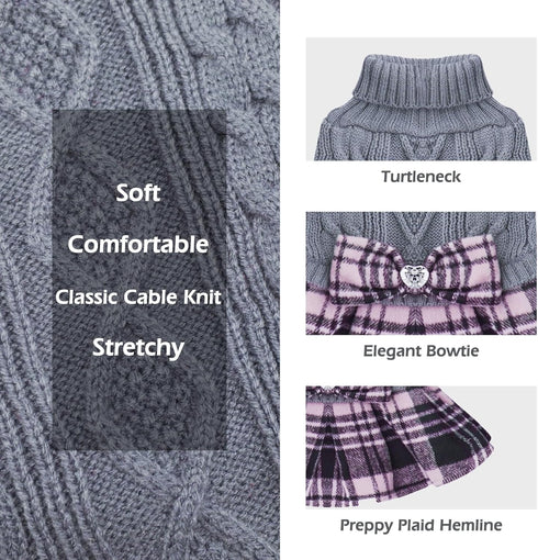 KYEESE Grey 3L Dog Sweater, Thick Knitwear Turtleneck Pet Sweater Dress with Bowtie for Medium Dogs