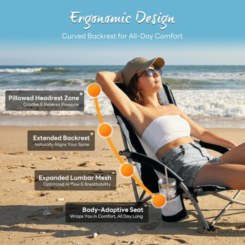 NEWBULIG Low Beach Chair Folding Camping Chair for Adults, Low Profile Lawn Chair with Cup Holders & Carry Bag, Extra
