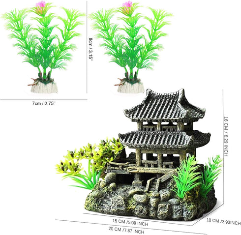 Classical Temple Aquarium Decorations, Asian Castle Thematic Safe Resin Ornaments with Plastic Plants for Fish Tank