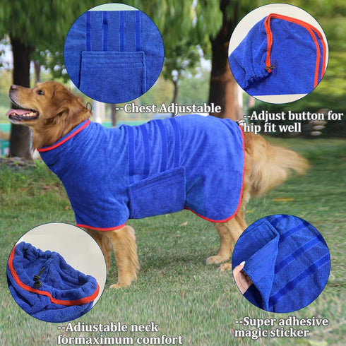 Dog Drying Coat - Fast Drying Dog Towel Robe - Microfiber Super Absorbent Pet Bathrobe, Adjustable Collar & Belly Strap