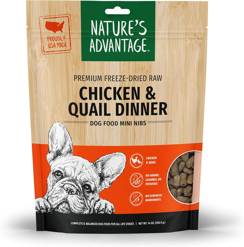 14 oz (Pack 2) Nature's Advantage Freeze-Dried Raw Chicken & Quail Dinner Dog Food Mini Nibs, | Grain Free, High