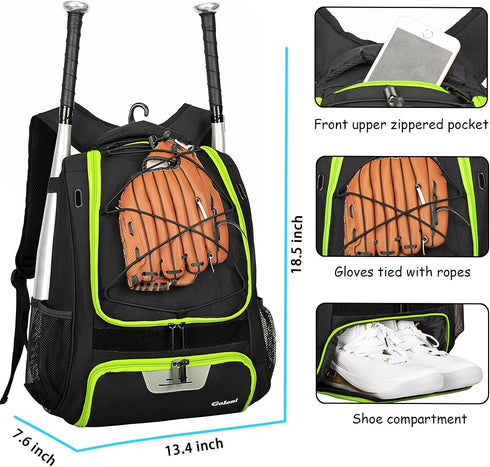 Goloni Youth Baseball Bag, Softball Bag with Shoes Compartment, Backpack with Fence Hook