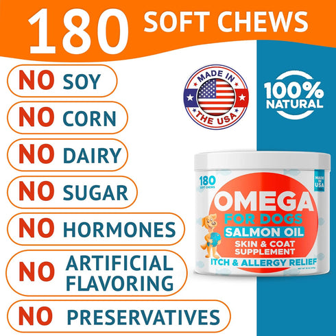 Omega 3 Fish Oil for Dogs, 360 Ct, Skin & Coat Chews, Allergy Support, Salmon Oil for Joint Health