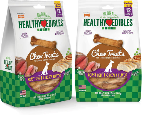 Nylabone Healthy Edibles Natural Dog Chews, Long Lasting Roast Beef & Chicken Flavor Treats, Small/Regular, 24 Count.