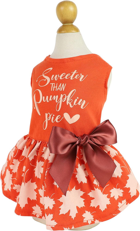 Fitwarm Thanksgiving Dog Dress, Sweeter Than Pumpkin Pie, 100% Cotton Holiday Girl One-Piece Outfit, Orange Medium
