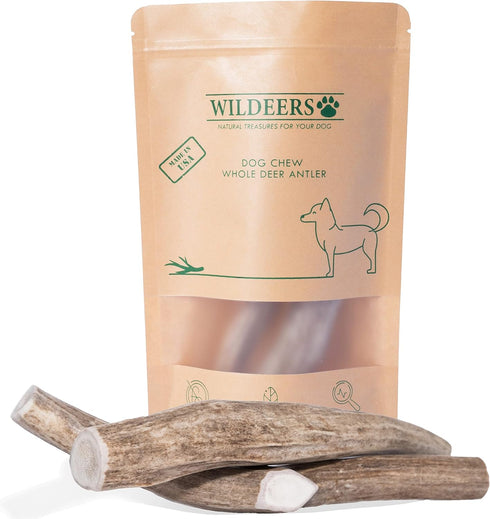 Wildeers Large Deer Antlers for Dogs - Premium Chew Treats, Made in USA, Naturally Shed, Grade A, 7-9 in, 2 Pieces