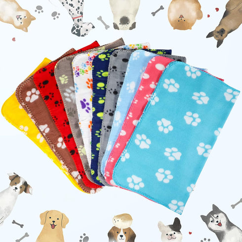 10 Pieces Pet Blankets with Paw Print, Soft Fleece Sleep Mat Pad for Small Animals, 24 x 28 Inch, Bright Color