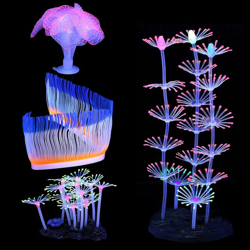 Glowing Fish Tank Decorations Plants, 4 pcs Glow Aquarium Decoration Plants Kit Glowing Sea Anemone Coral Ornaments