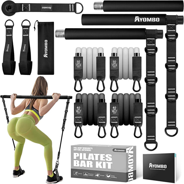 Pilates Bar Kit with Resistance Bands, Adjustable 3-Section Equipment for Home Workouts, Legs, Arms