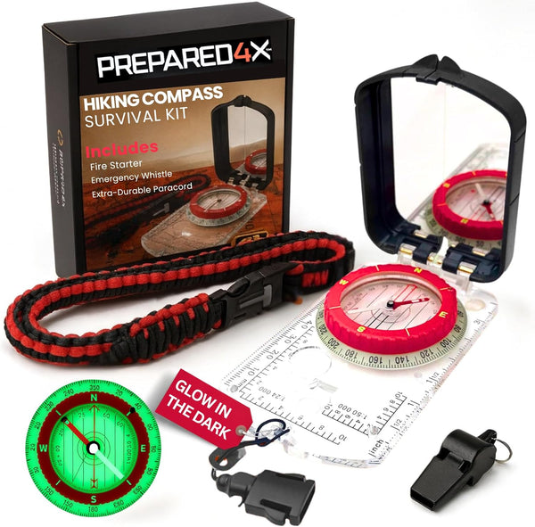 PREPARED4X Hiking Compass Survival Mirror Sighting Map Orienteering Compass with 35-Ft 550