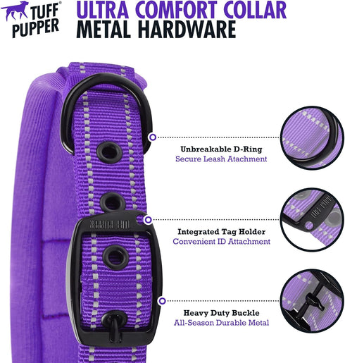 Tuff Pupper Ultra Comfort Padded Dog Collar, Thick Neoprene Padding, Ballistic Nylon Strap with Reflective Stitching