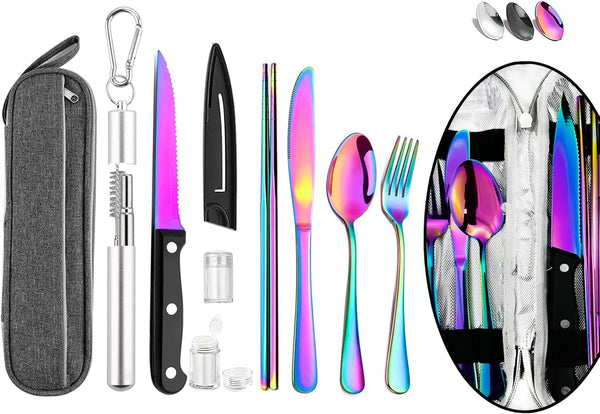 Hommaly Portable Travel Reusable Utensils, Camping Cutlery Set with Case, Stainless Steel Flatware, Rainbow