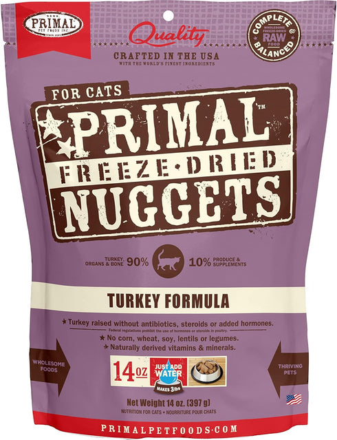 Primal Freeze Dried Cat Food Nuggets Turkey, Complete & Balanced Meal or Topper, 14 oz
