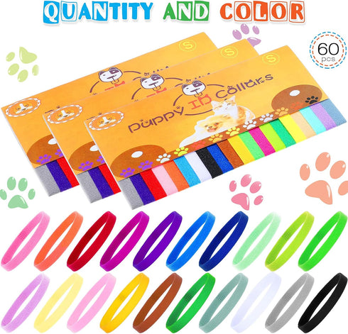 Frienda 60 Pieces Puppy Whelping Collars, Double-Sided Adjustable ID Bands for Newborn Pet Dogs and Cats, S, M, L