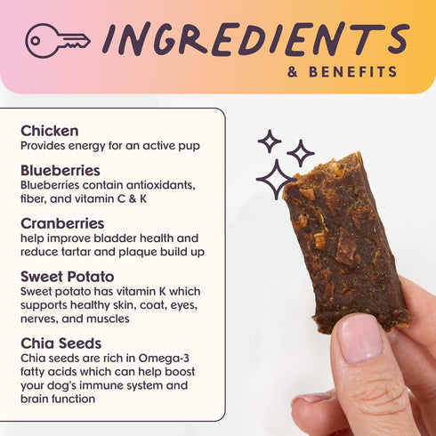 Rise & Shine Dog Treats, Chicken Jerky Snack Bars, 5 oz Bag, Natural Superfood Grain-Free Treats