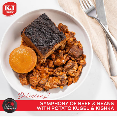 (1 Pack) KJ Poultry Kosher Ready Meals - Beef Chulent & Kugel, MRE Meat Meals Ready to Eat, Shabbos Food Prepared