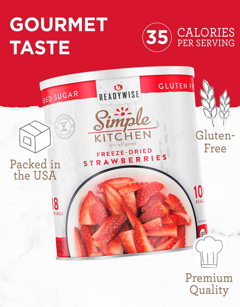 18 READYWISE - Simple Kitchen Freeze Dried Strawberries, Servings, Vegan, Gluten Free, Healthy Snack, Survival Food