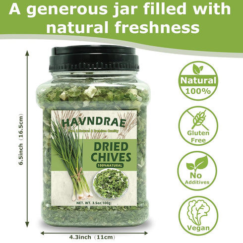 3.53 oz Premium Freeze-Dried Chives Flakes, Natural Thin Delicate Chive Seasoning for Soups, Sauces, Salads & Dips