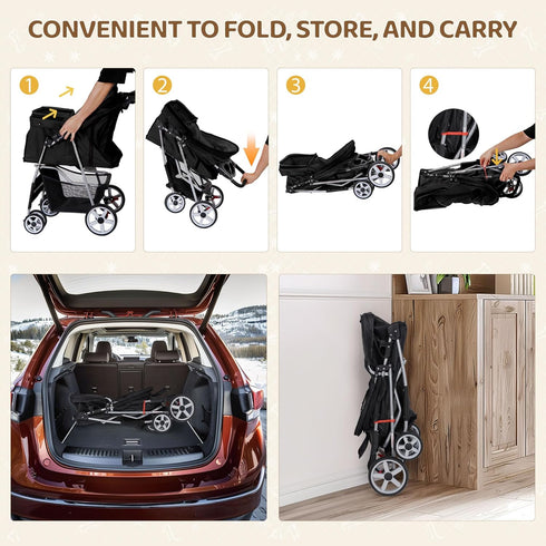 4 ZENY Foldable Pet Stroller, Cat/Dog Stroller with Wheel, Pet Travel Carrier Strolling Cart with Storage Basket, Cup