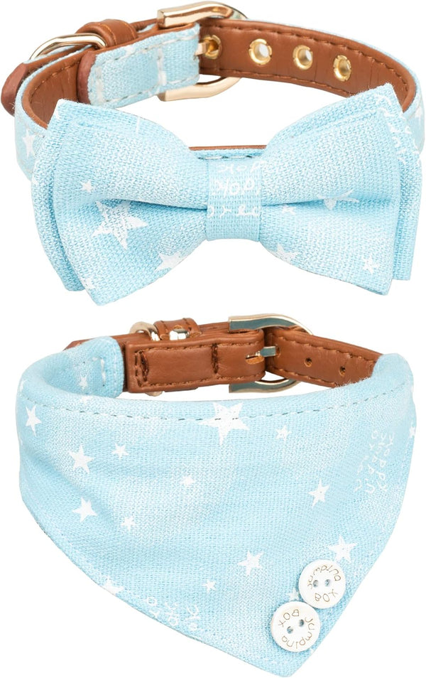 Small Dog Collar Puppy Cat - 2pcs Set Bow Tie & Bandana in Durable Blue Stars PU Leather Canvas