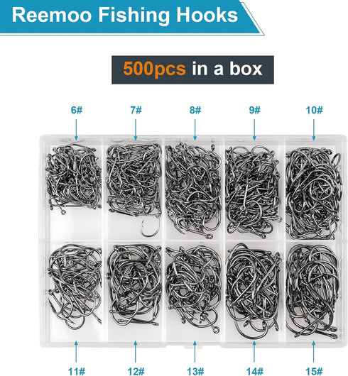 ReeMoo Premium Fishing Hooks, 500PCS/100PCS, 10 Sizes/4 Sizes Carbon Steel Fishing Hooks with Portable Plastic Box,