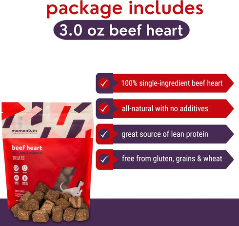 3 oz Momentum Carnivore Nutrition Freeze-Dried Beef Heart Dog Treats & Cat Treats Single-Ingredient, High-Protein