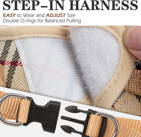 EXPAWLORER Khaki Small Dog Harness and Leash Set with AirTag Holder, Soft Padded No Pull Reflective Vest for Medium Dogs