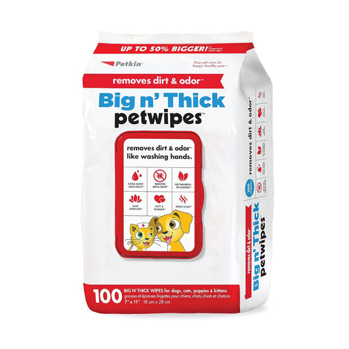 Petkin Pet Wipes for Dogs and Cats, 100 Large Wipes for Dirt & Odor Removal, Ideal for Home or Travel