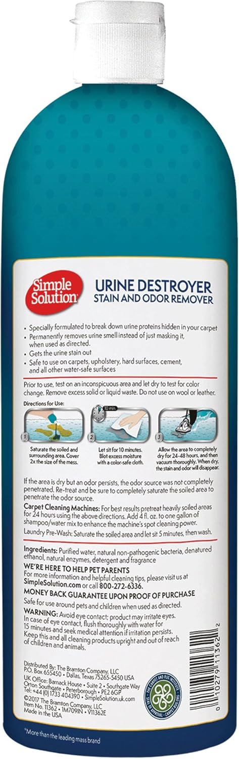 Simple Solution Urine Destroyer Enzymatic Cleaner, Pet Stain and Odor Remover, 32 Ounces